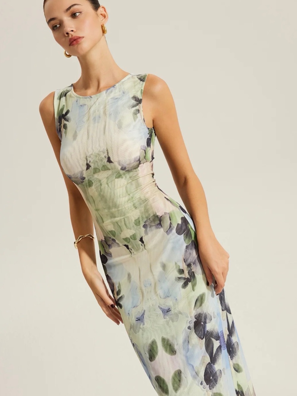 Commense Sleeveless Floral Midi Dress - Green/Blue